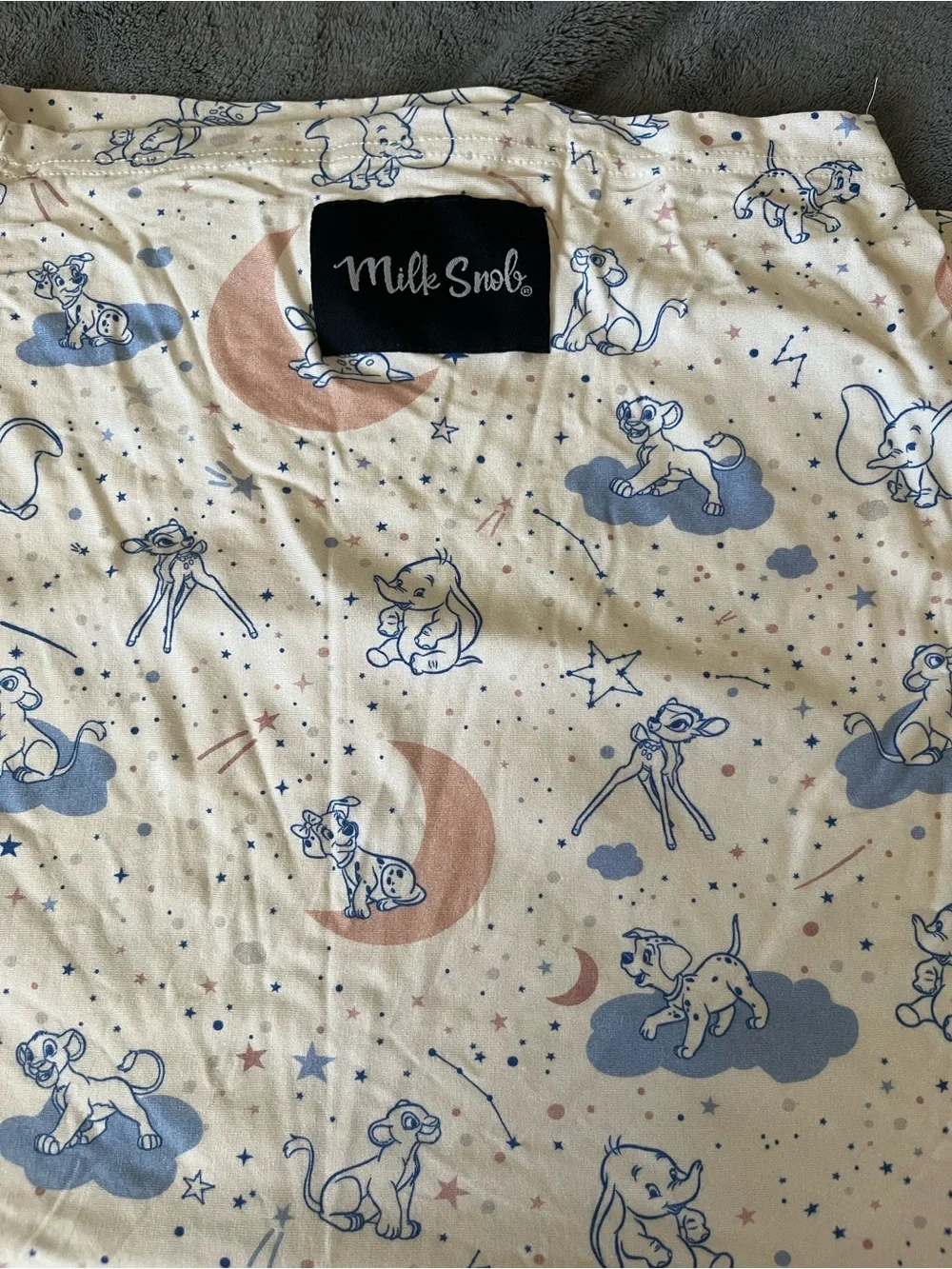 Milk Snob car seat and nursing cover Cream with Blue Disney animal Print